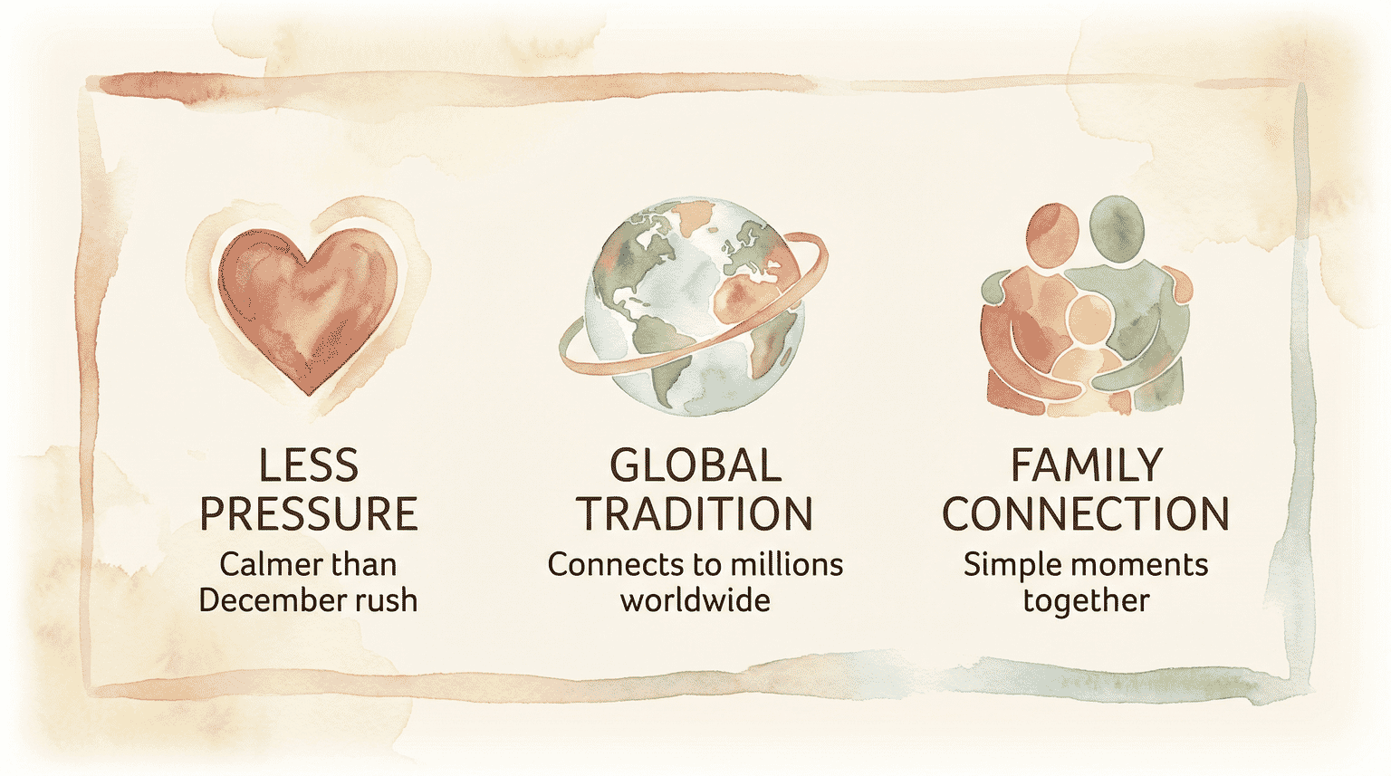 Three icons showing benefits of Three Kings Day: less pressure, global tradition, family connection