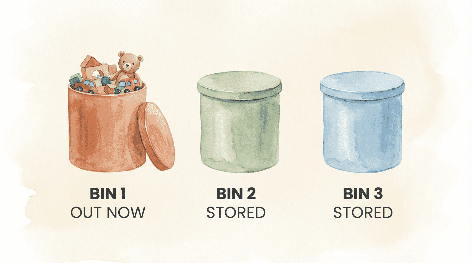 Three storage bins showing toy rotation system with one active bin and two stored bins