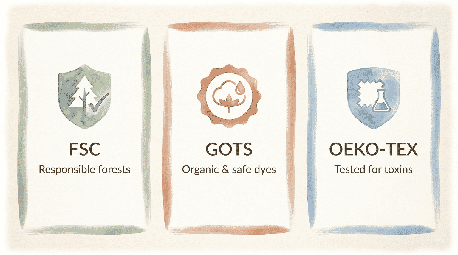 Three certification badges showing FSC for responsible forests, GOTS for organic safe dyes, and OEKO-TEX for toxin testing
