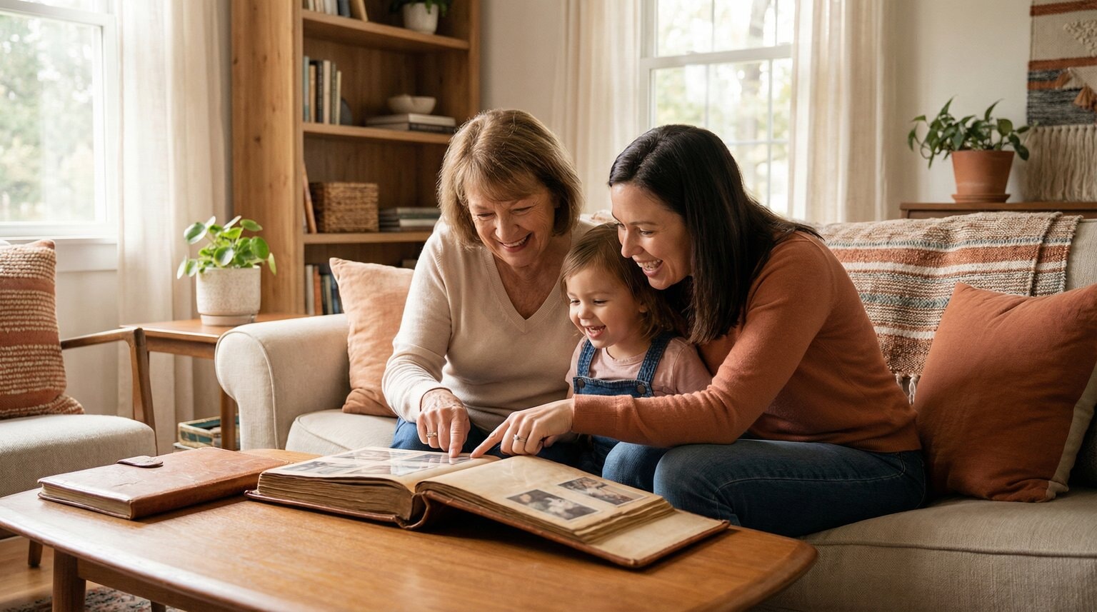 Grandmother mother and young child sharing tender moment looking at photo album together in warm living room