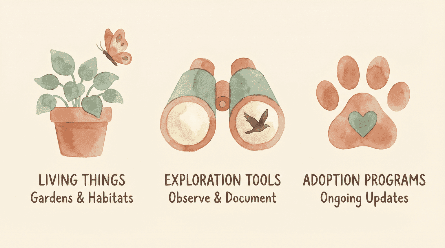 Three illustrated gift categories showing potted plant, binoculars with bird, and paw print with heart