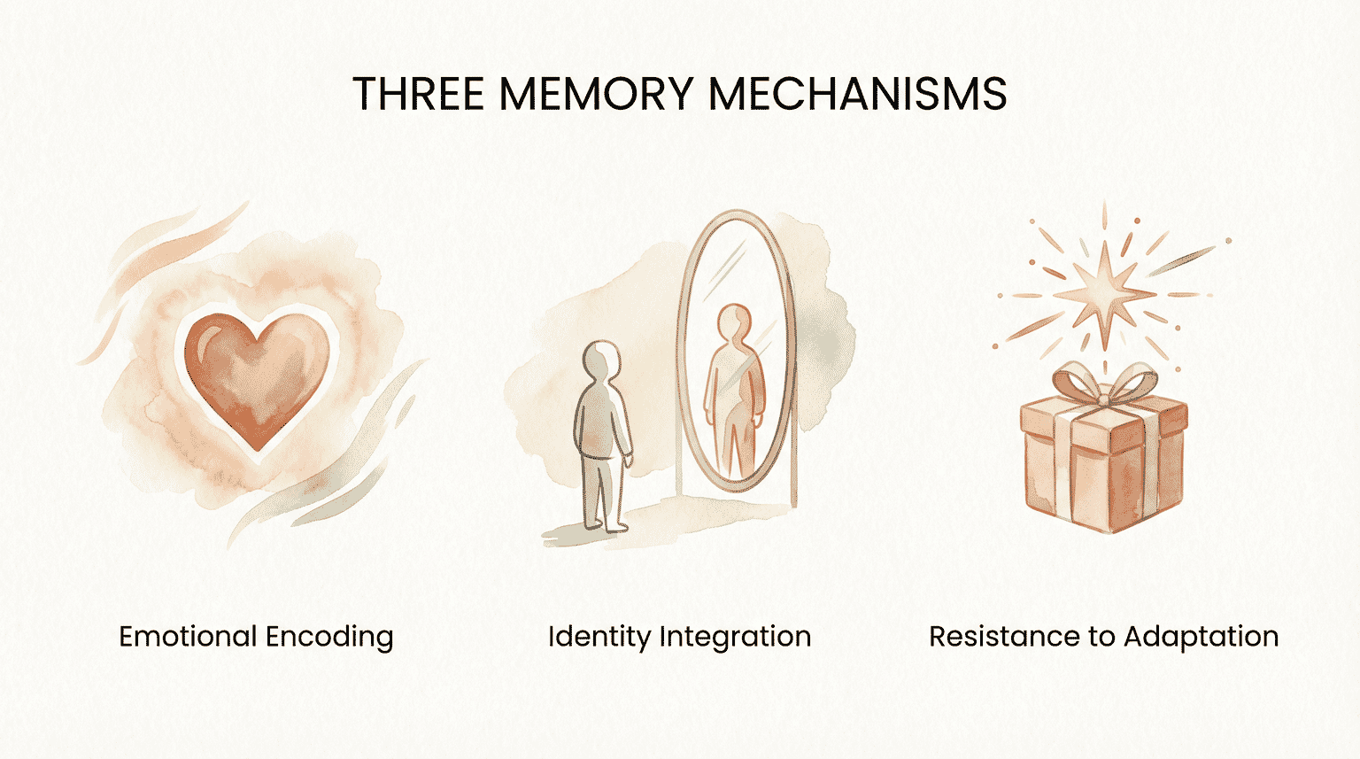 Infographic showing three memory mechanisms with heart, mirror, and sparkle icons