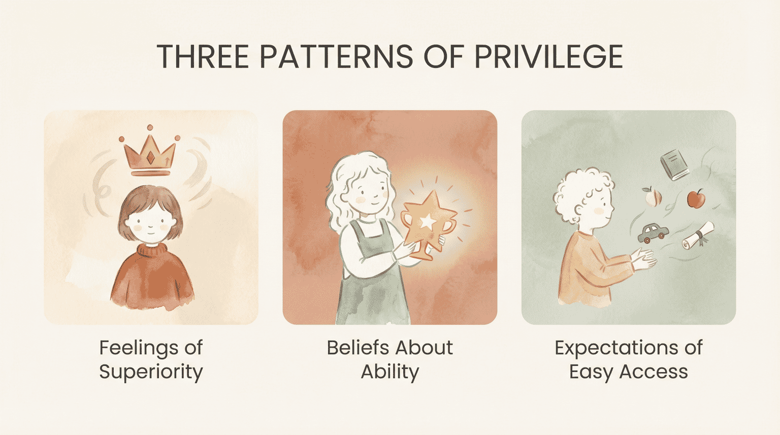 Three panels showing psychological patterns of privilege: superiority feelings, ability beliefs, and easy access expectations