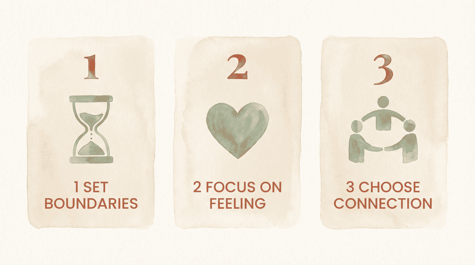 Three-step illustrated guide showing set boundaries with timer icon, focus on feeling with heart icon, choose connection with people icon