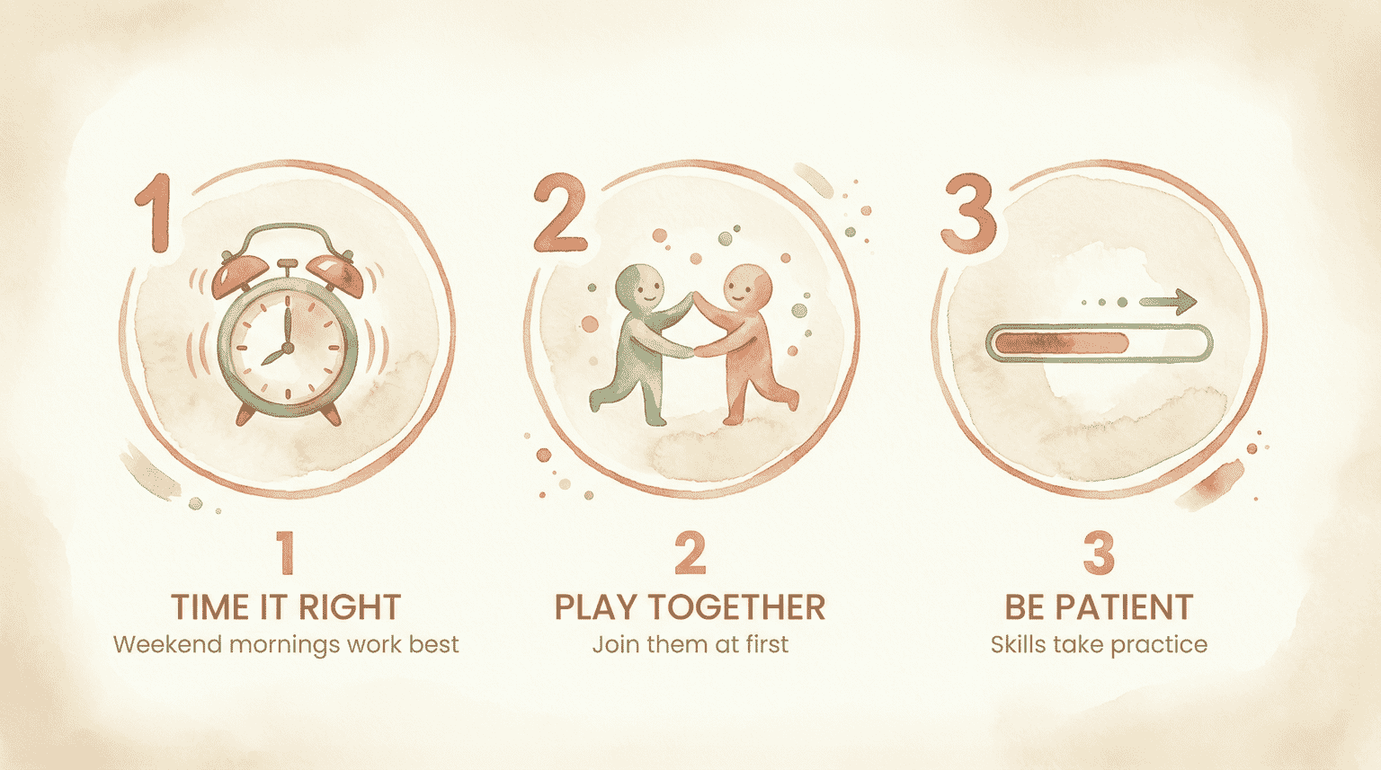 Three step diagram showing time it right, play together, and be patient for introducing screen-free toys