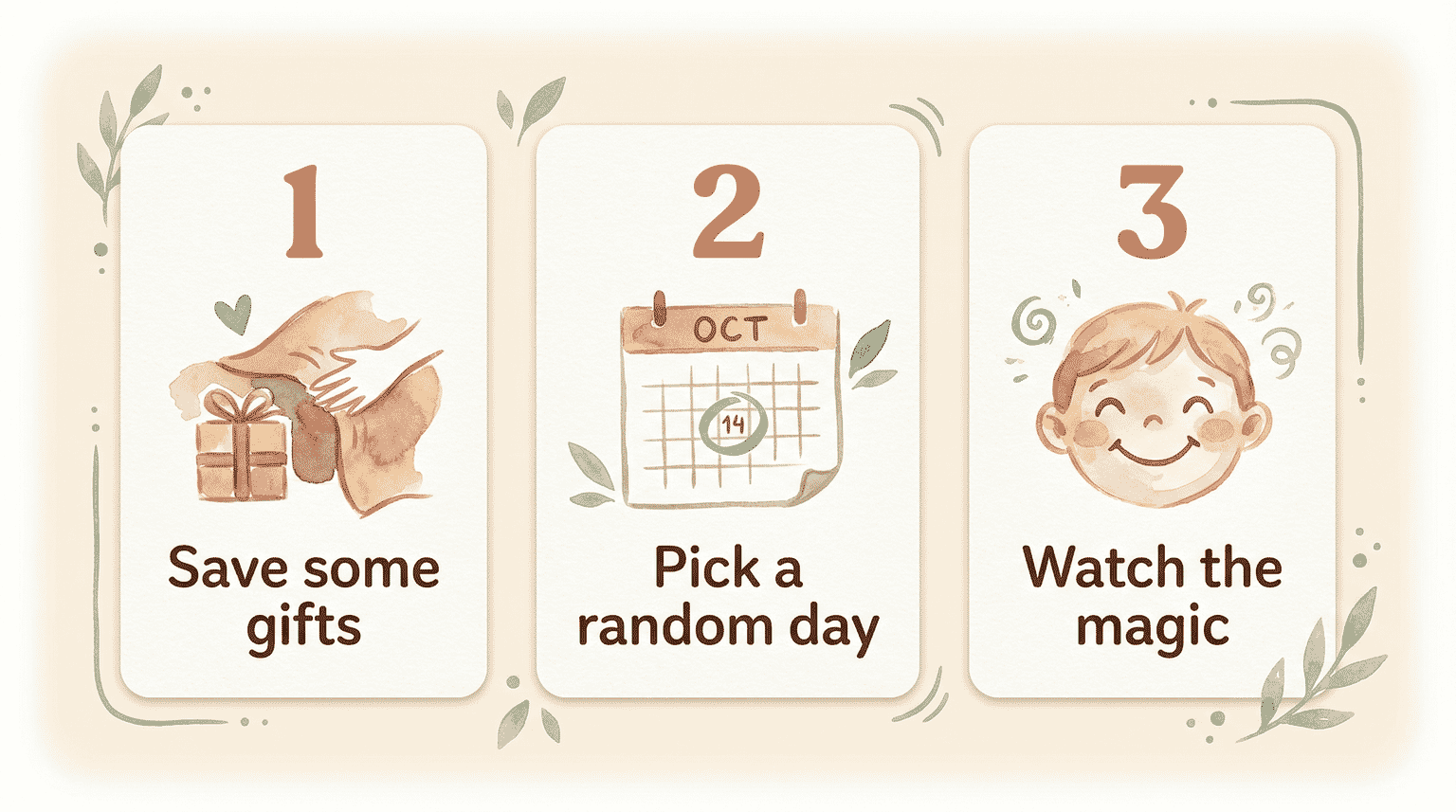 Three-step guide showing save some gifts, pick a random day, watch the magic