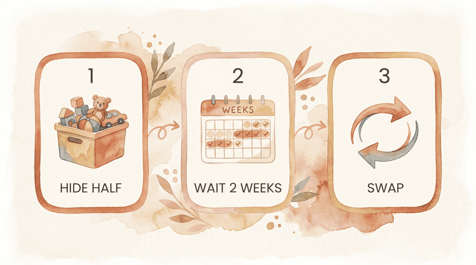 Three step toy rotation process showing store extras then rotate monthly then feels new again