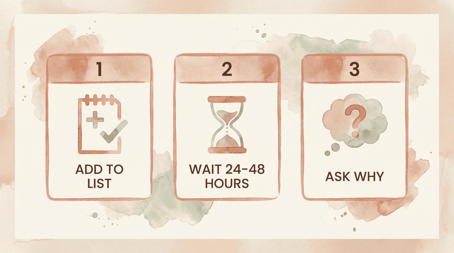 Three-step process diagram showing add to list, wait 24-48 hours, then ask why