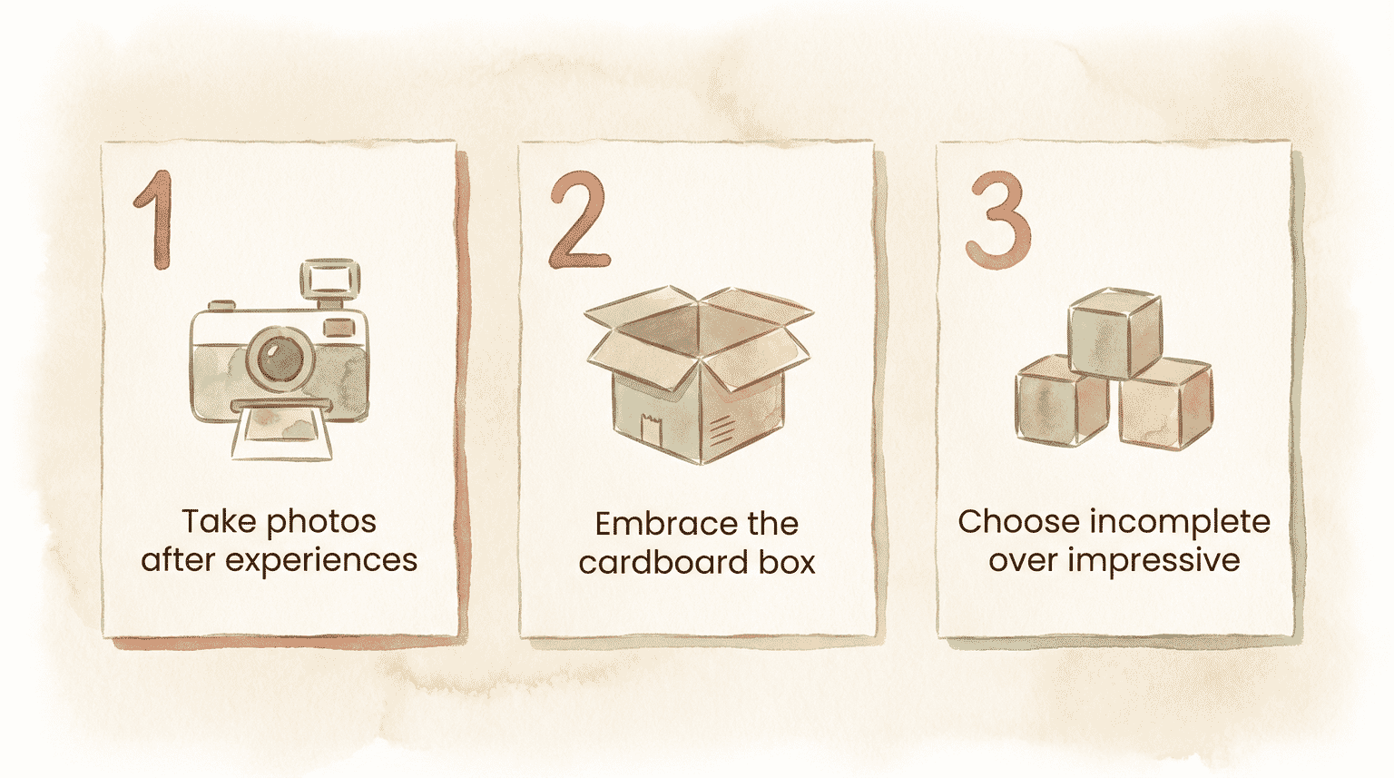 Three tips for experience gifts showing photo, cardboard box, and building block icons