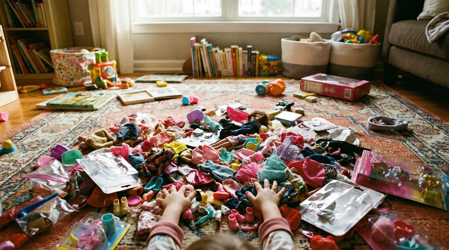 Living room floor covered with colorful tiny doll accessories and plastic packaging from unboxing