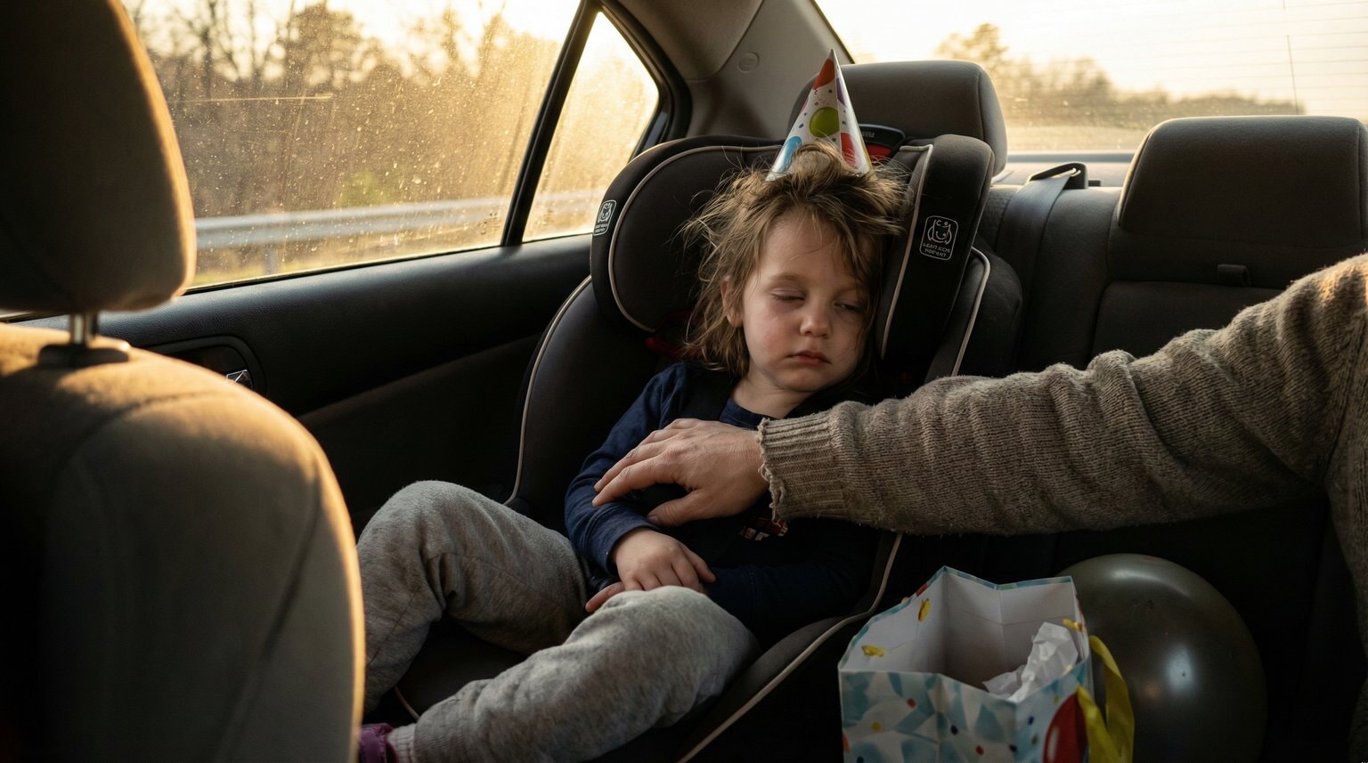 Tired preschooler in car backseat being comforted by parent's hand reaching back after birthday party