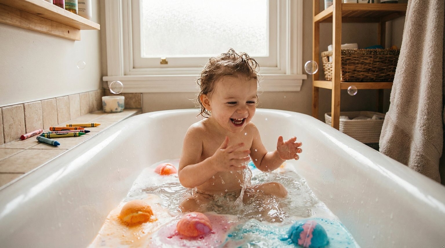 Happy toddler in bathtub surrounded by colorful fizzing bath bombs with joyful expression