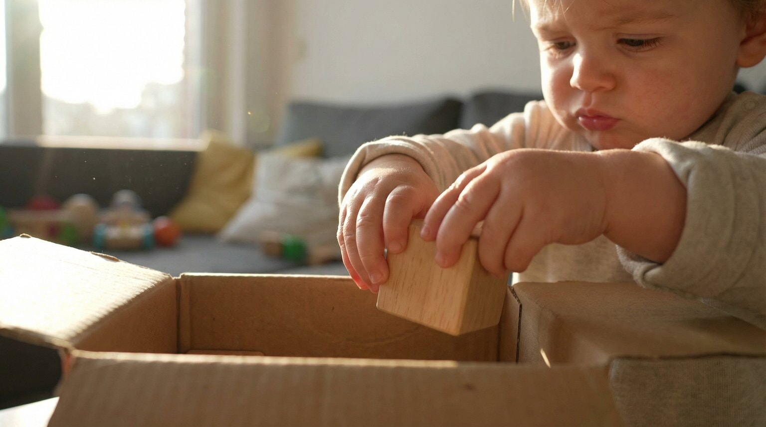 Close-up of toddler hands putting wooden block into cardboard box with focused concentration