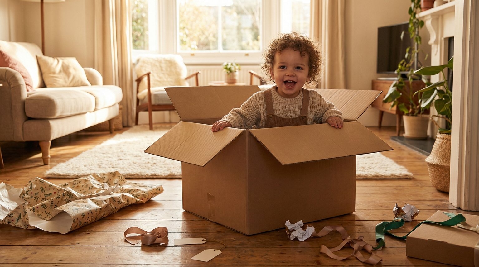 Delighted toddler peeking out of cardboard box surrounded by scattered wrapping paper