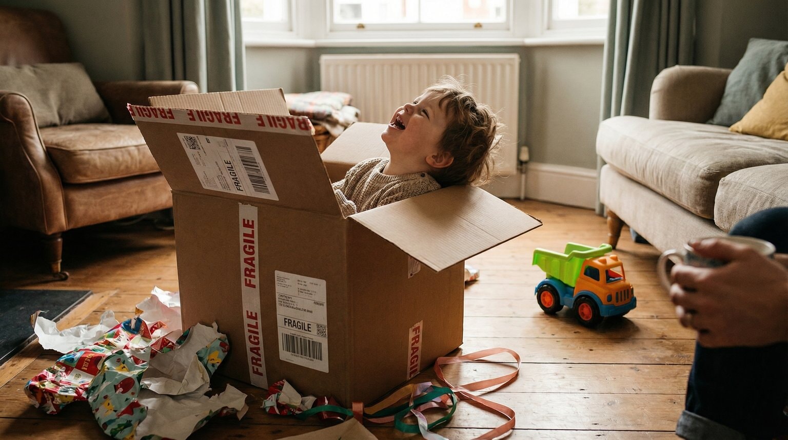 Delighted toddler sitting inside large cardboard gift box laughing while ignoring toy nearby with wrapping paper scattered around