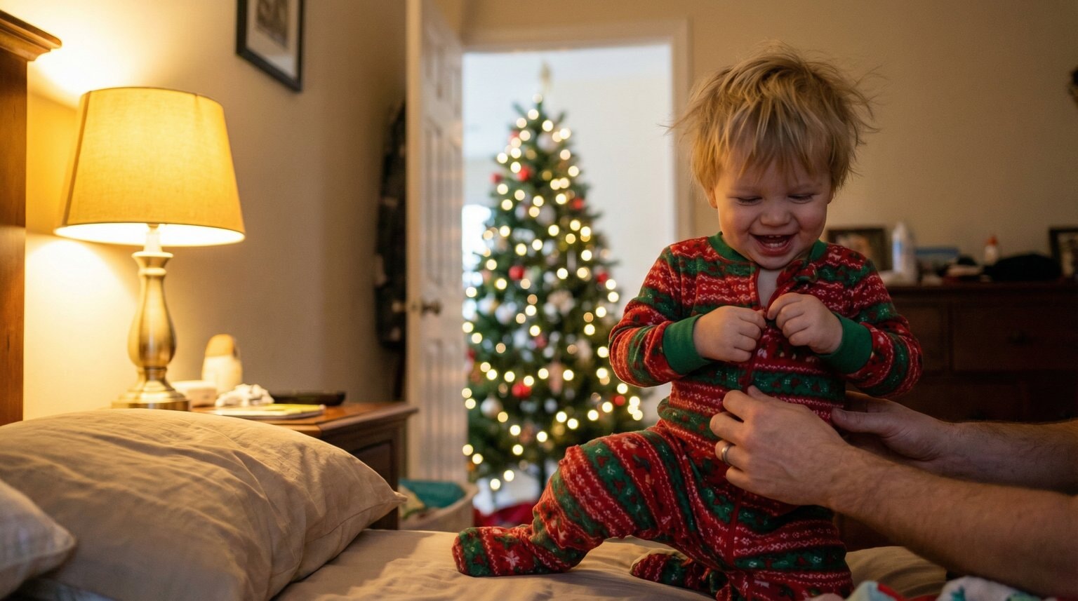 Toddler pulling on Christmas footie pajamas with parent helping nearby in warm bedroom
