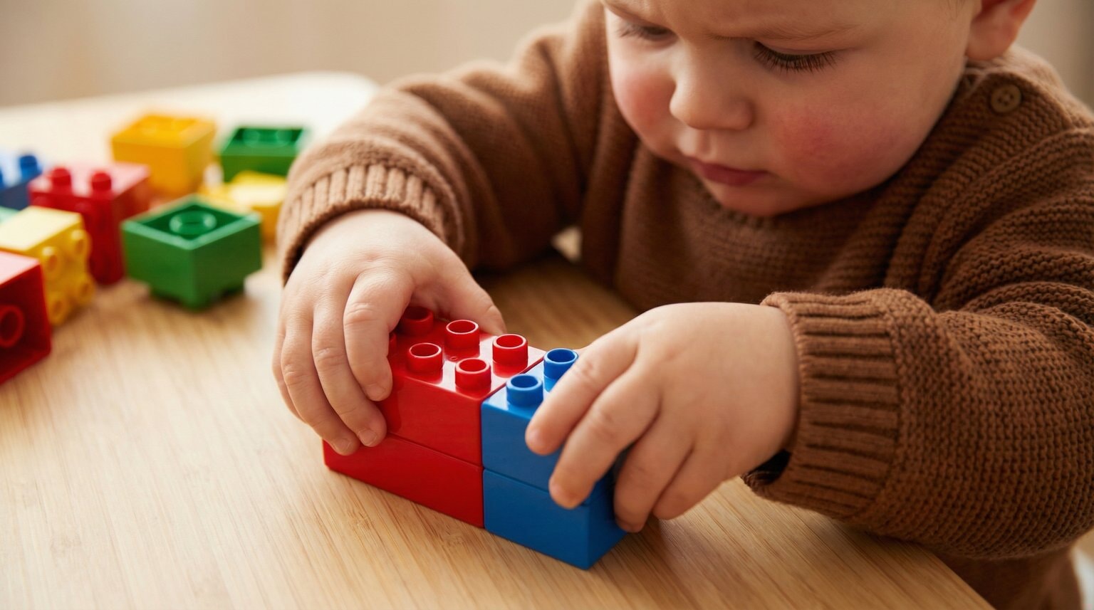 Toddler's chubby hands attempting to connect Duplo bricks together showing concentration and effort