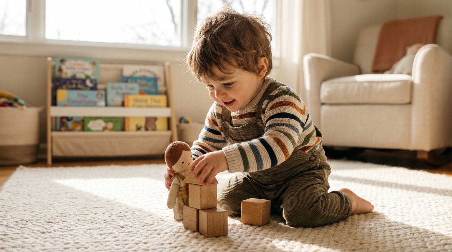 Toddler deeply engaged in creative play with just a few simple toys on a soft rug