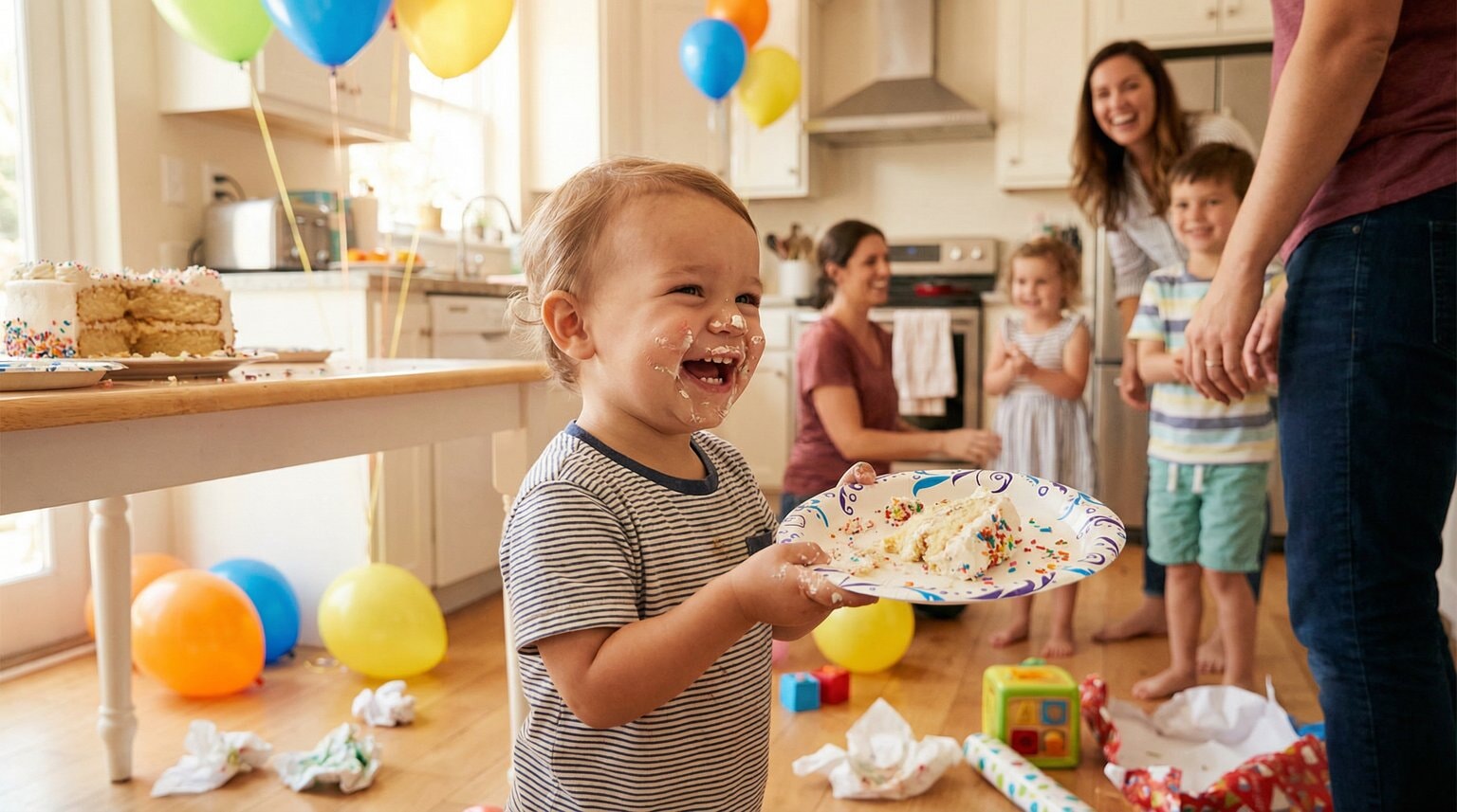 Toddler gleefully holding colorful birthday plate with frosting on face laughing joyfully in bright kitchen