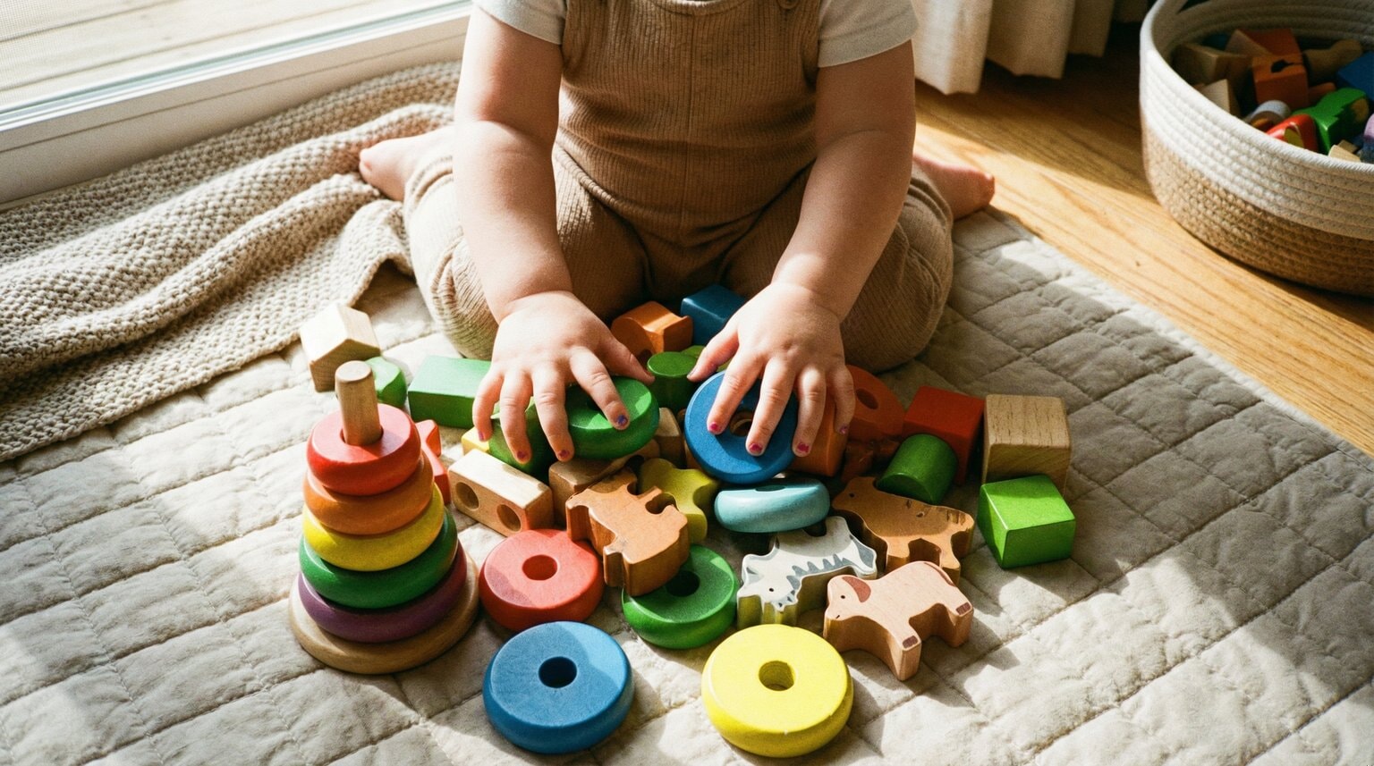 Toddler hands reaching for colorful wooden stacking toys on soft play mat