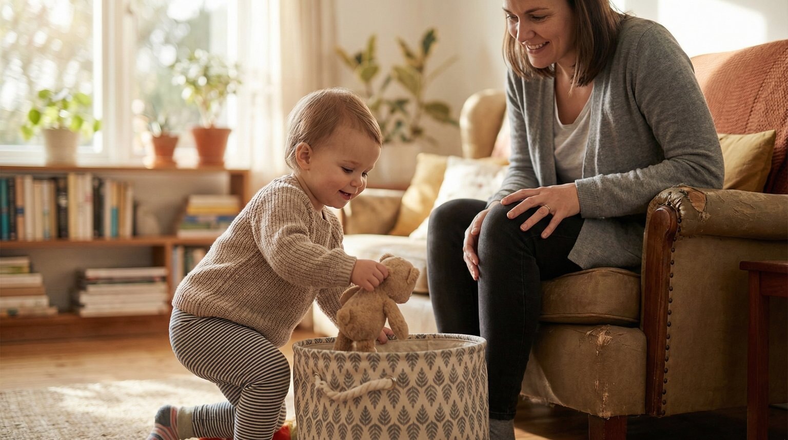 18-month-old toddler proudly putting toys into fabric basket while parent watches encouragingly