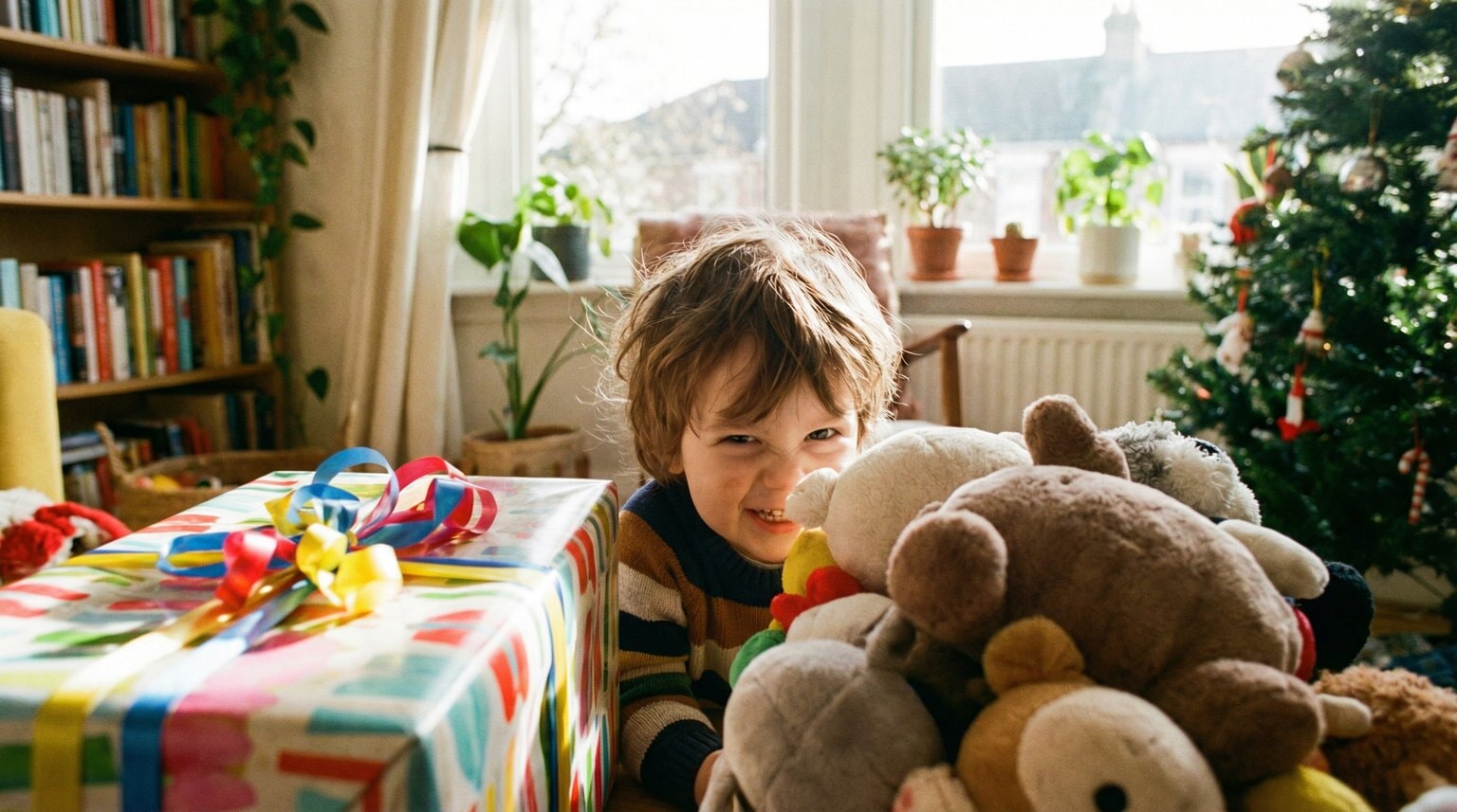 Toddler with mischievous grin peeking out from behind pile of colorful toys