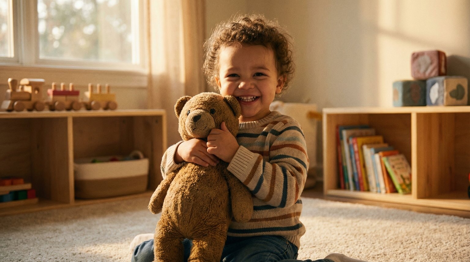 Joyful toddler hugging stuffed animal tightly with big smile in cozy playroom