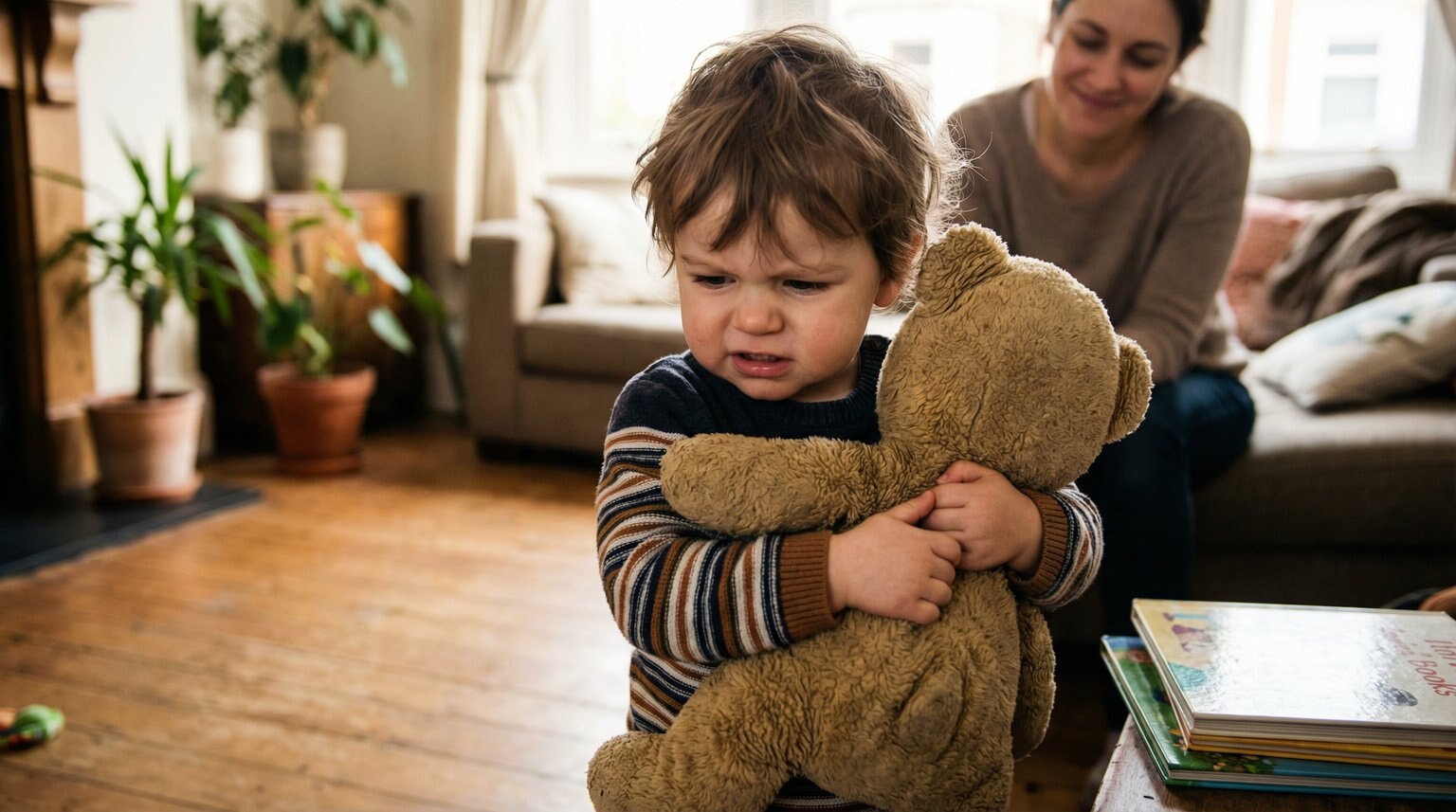 18-month-old toddler with determined expression clutching stuffed animal protectively