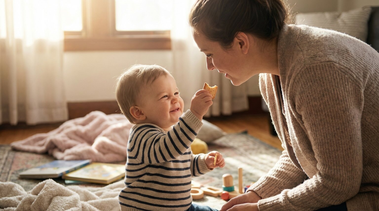 Toddler reaching up to offer a cracker to smiling parent kneeling at their level in warm sunlit living room