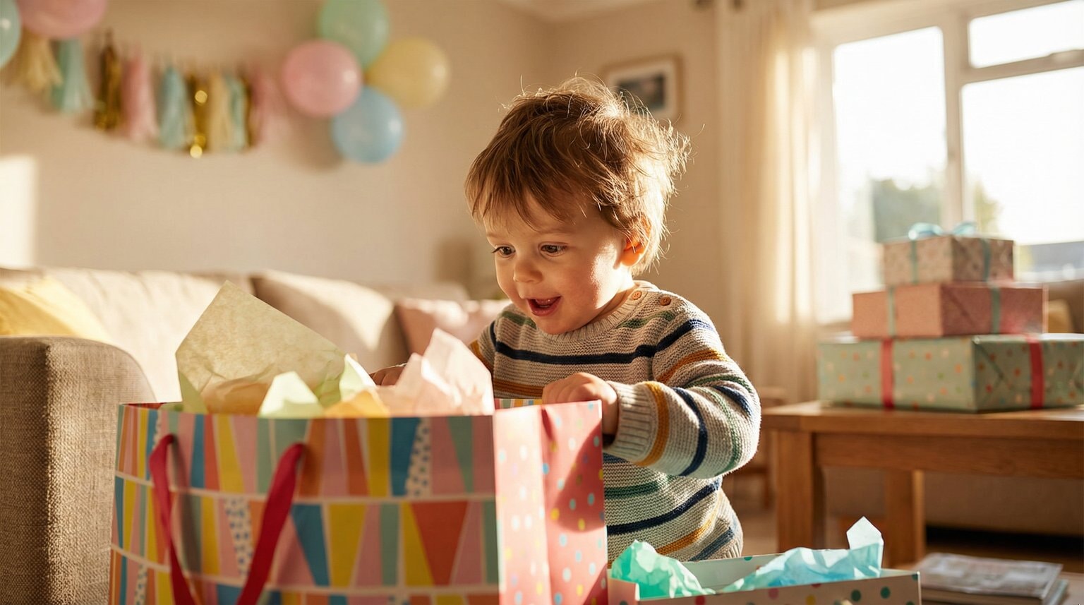 Curious toddler peeking into colorful gift bag with wide excited eyes
