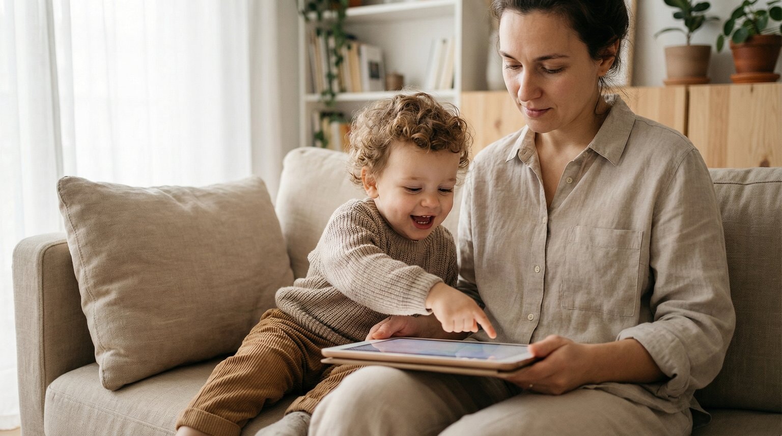 Toddler excitedly pointing at tablet screen while parent watches thoughtfully on cozy couch