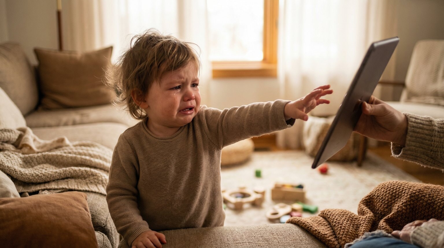 Frustrated toddler reaching toward tablet being held away by parent in cozy living room
