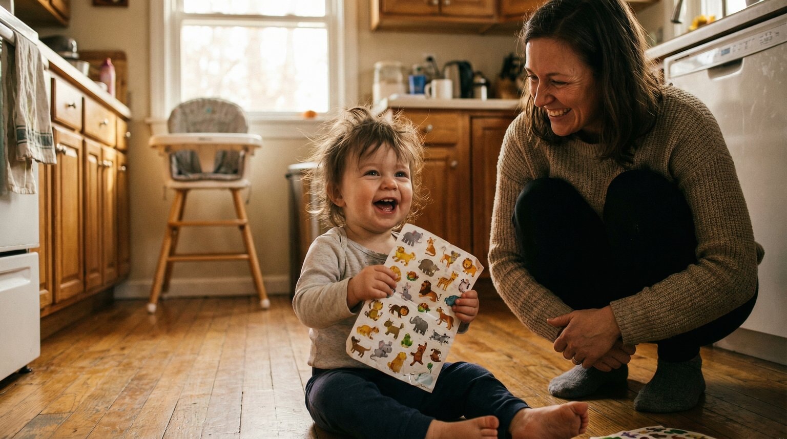 Toddler sitting on kitchen floor clutching colorful stickers with wide-eyed delight while mom smiles nearby
