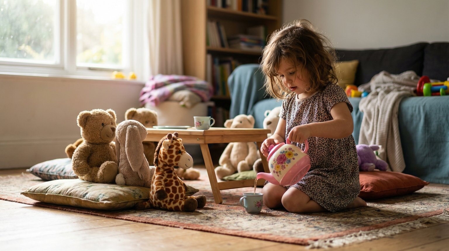Toddler girl carefully pouring from toy teapot during imaginative tea party with stuffed animals