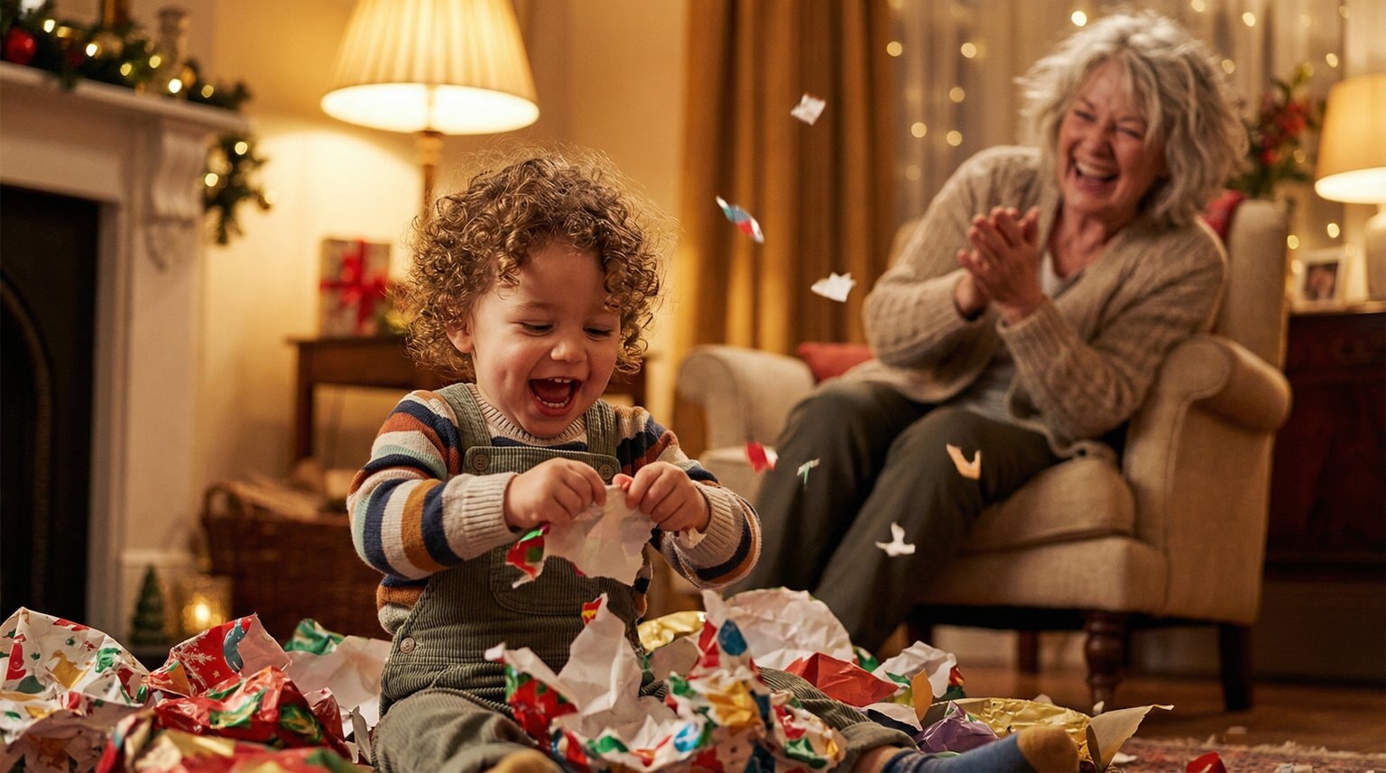 Delighted toddler tearing wrapping paper while grandmother laughs joyfully in background
