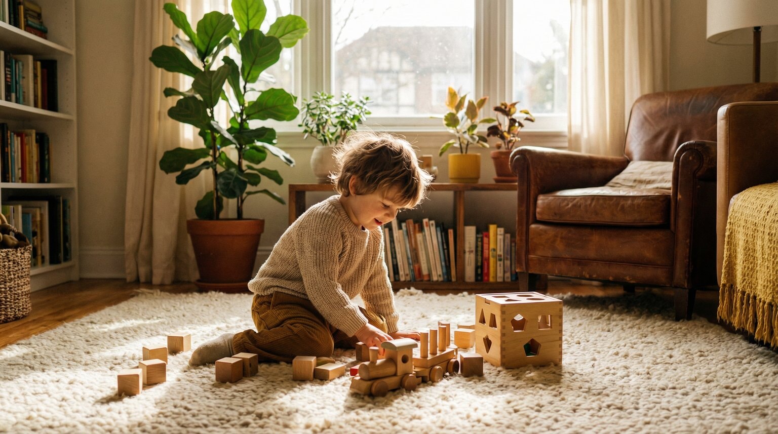 Toddler happily playing with simple wooden toys on soft rug in cozy living room
