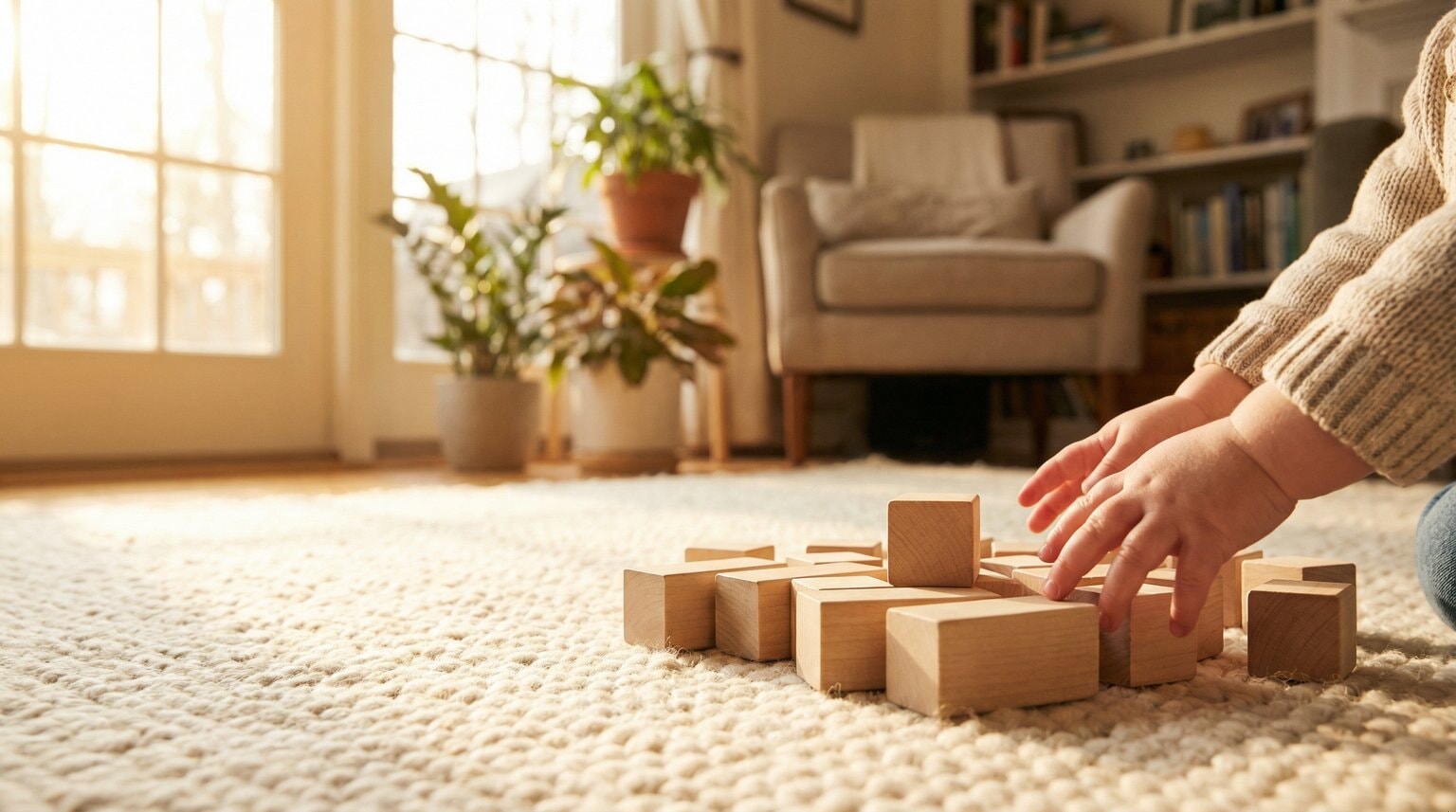 Toddler hands reaching for simple wooden blocks on cream rug in sunlit living room