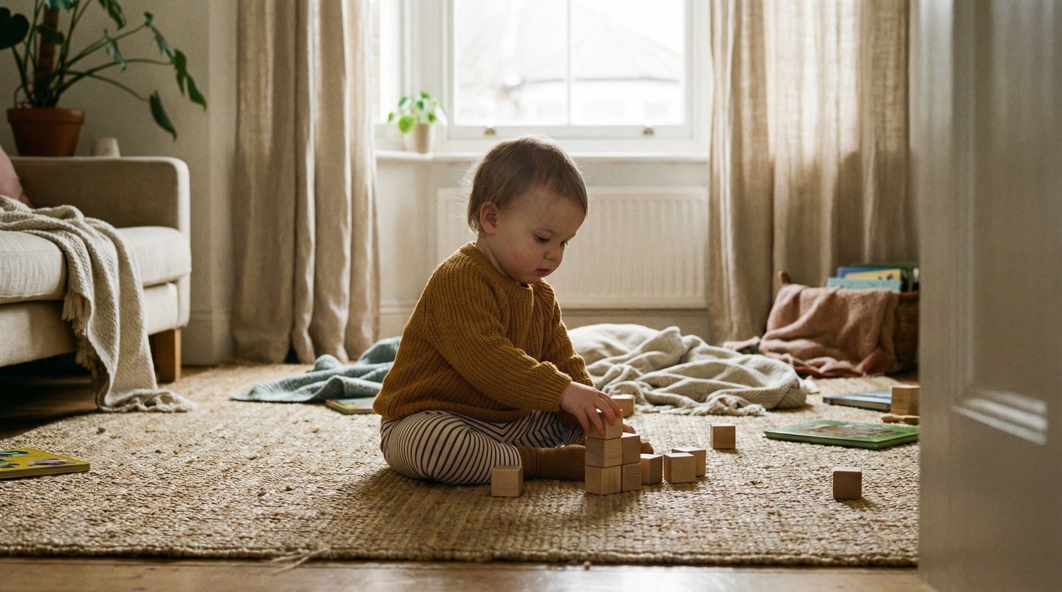Toddler deeply focused on playing with a single wooden toy in cozy living room with minimal toys visible