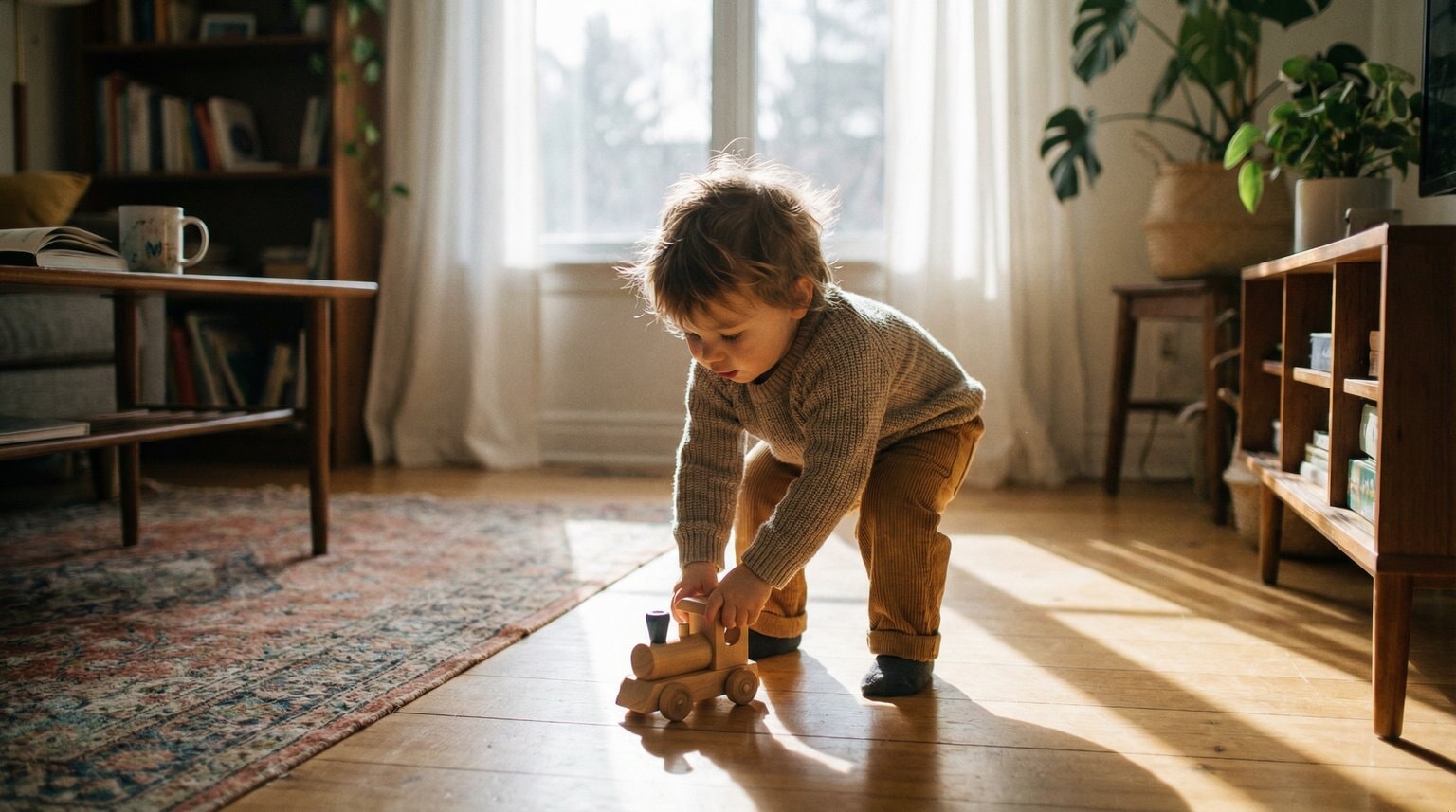 Toddler peacefully absorbed playing with wooden train on warm hardwood floor in soft morning light