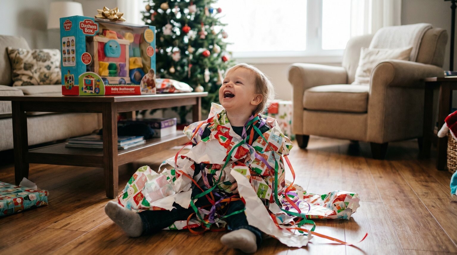 Laughing toddler completely wrapped up in colorful wrapping paper and ribbons