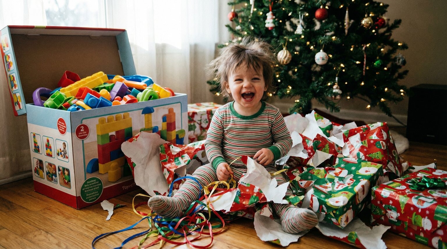 Toddler happily playing with colorful wrapping paper and ribbons while ignoring opened toy nearby