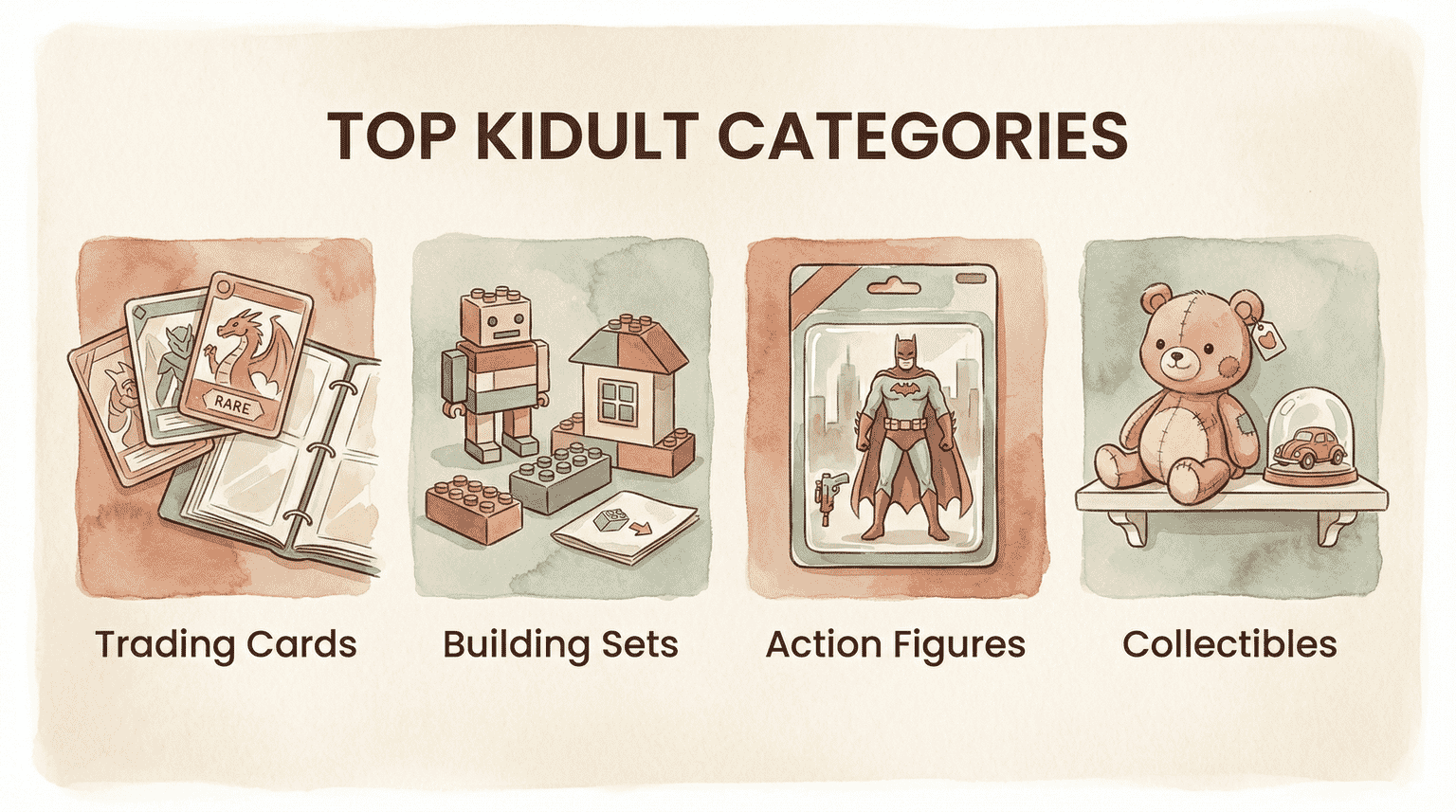 Illustrated infographic showing top kidult categories including trading cards building sets action figures and collectibles
