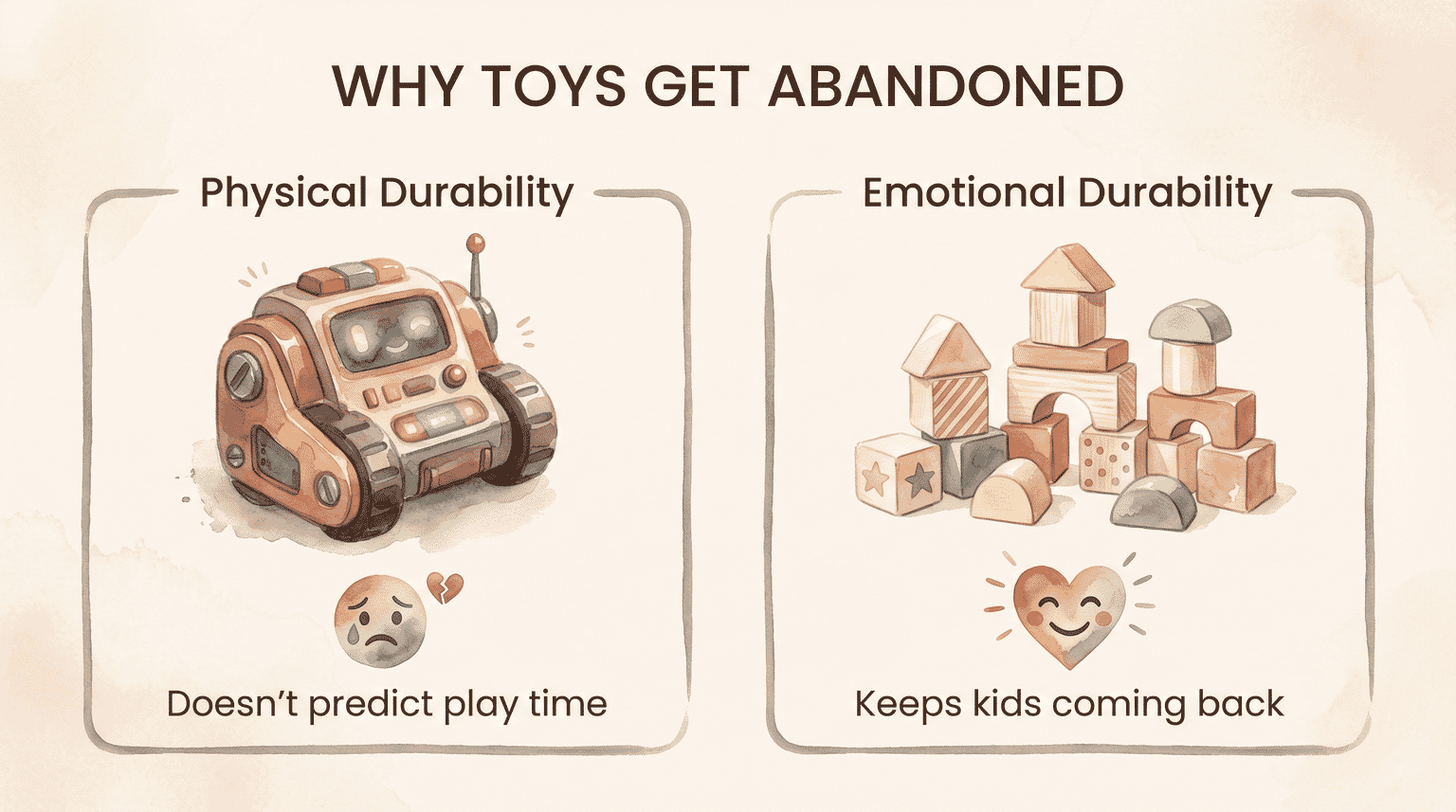 Comparison showing physical durability does not predict play time while emotional durability keeps kids returning