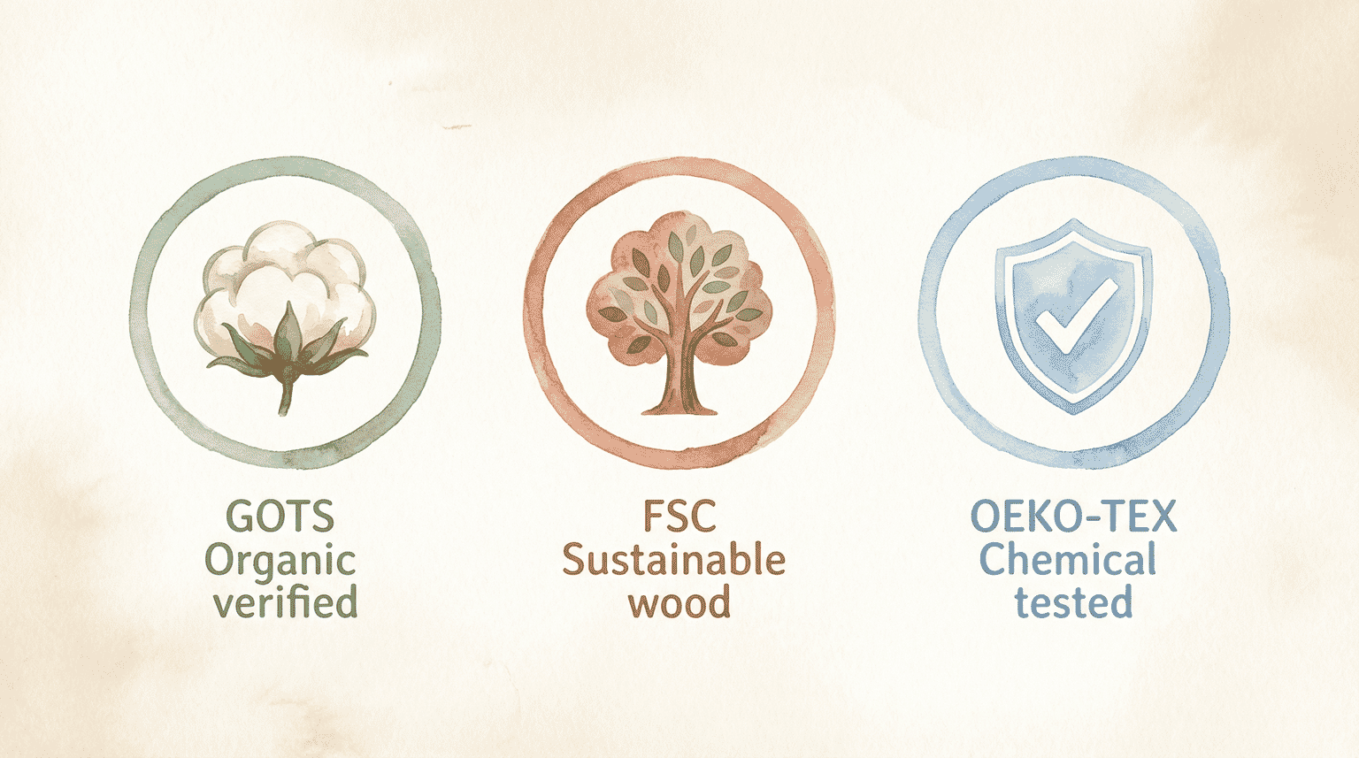 Three certification badges showing OEKO-TEX for chemical testing, GOTS for organic verification, and FSC for sustainable wood