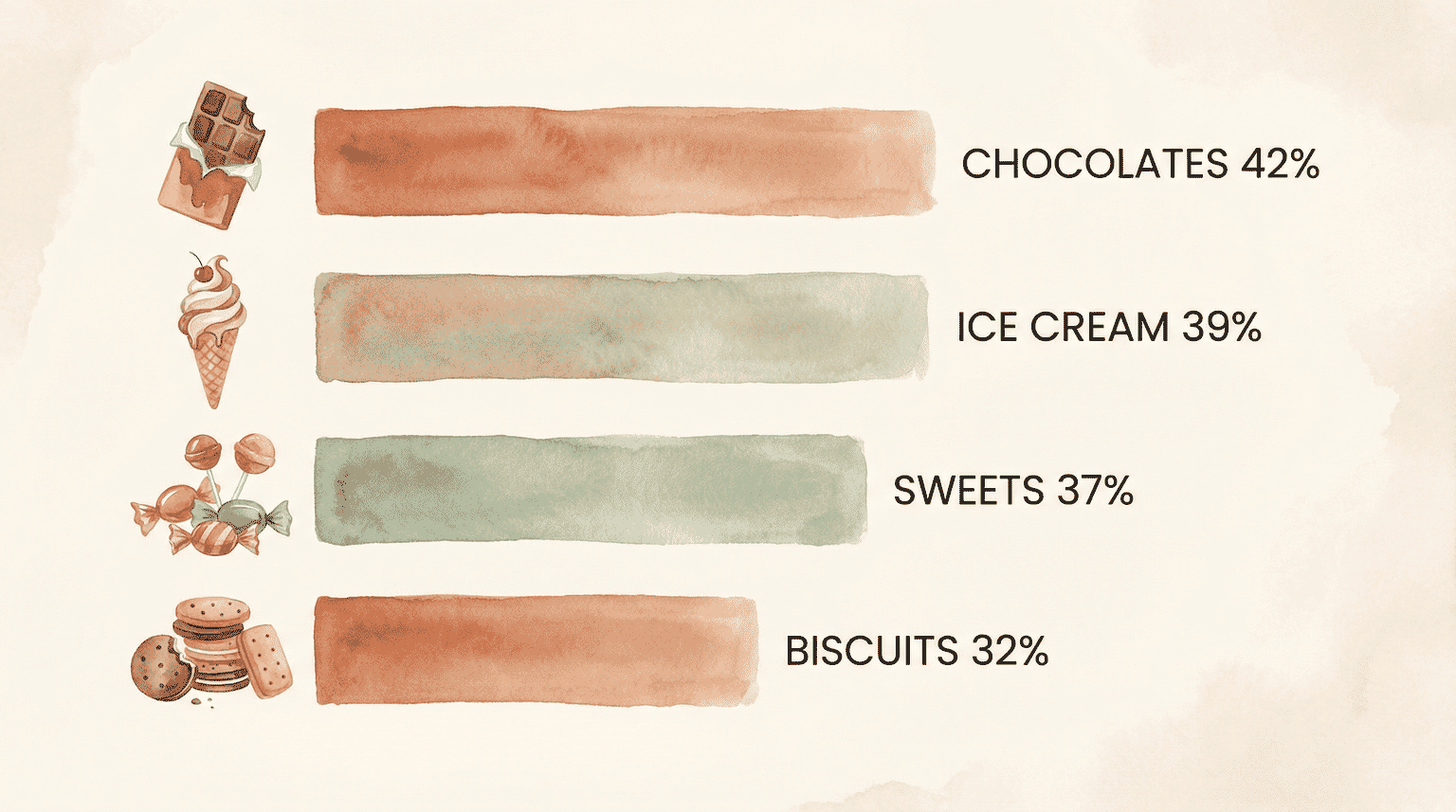 Bar chart showing grandparent treat preferences with chocolates at 42 percent ice cream 39 percent sweets 37 percent and biscuits 32 percent