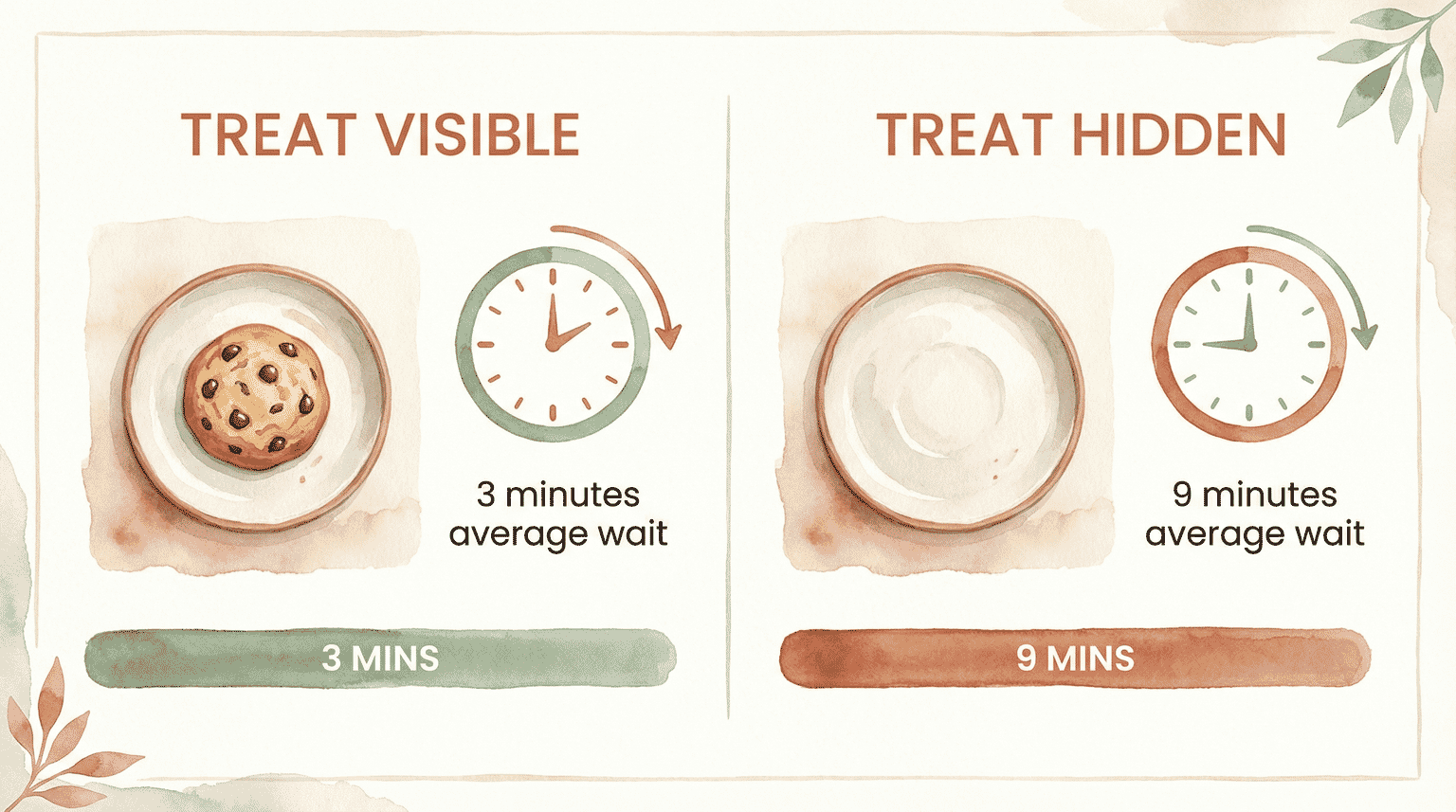 Data comparison showing children wait 3 minutes with visible treat versus 9 minutes when hidden