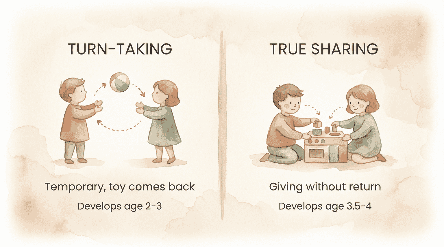 Comparison chart showing turn-taking develops at age 2-3 while true sharing develops at 3.5-4