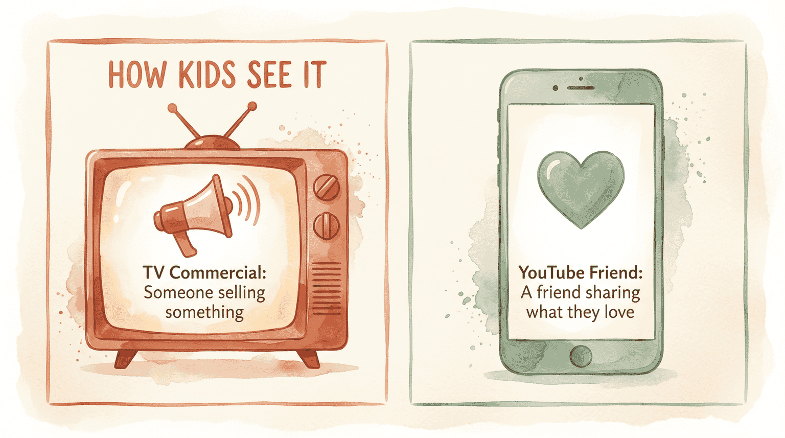 Comparison showing how kids see TV commercials as selling versus YouTube friends as sharing