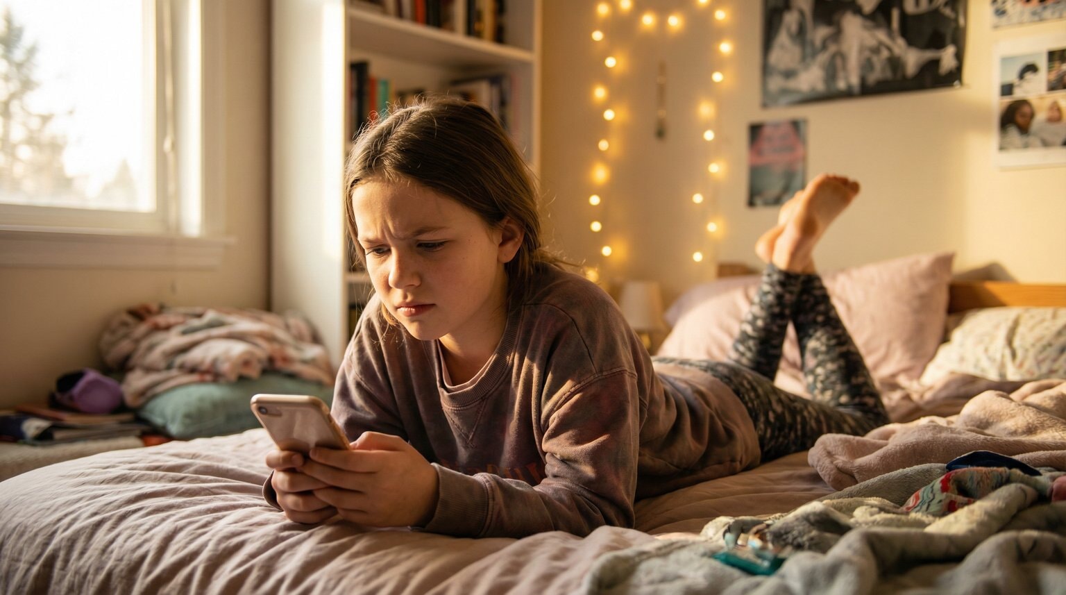 Tween girl lying on bed scrolling phone with thoughtful skeptical expression