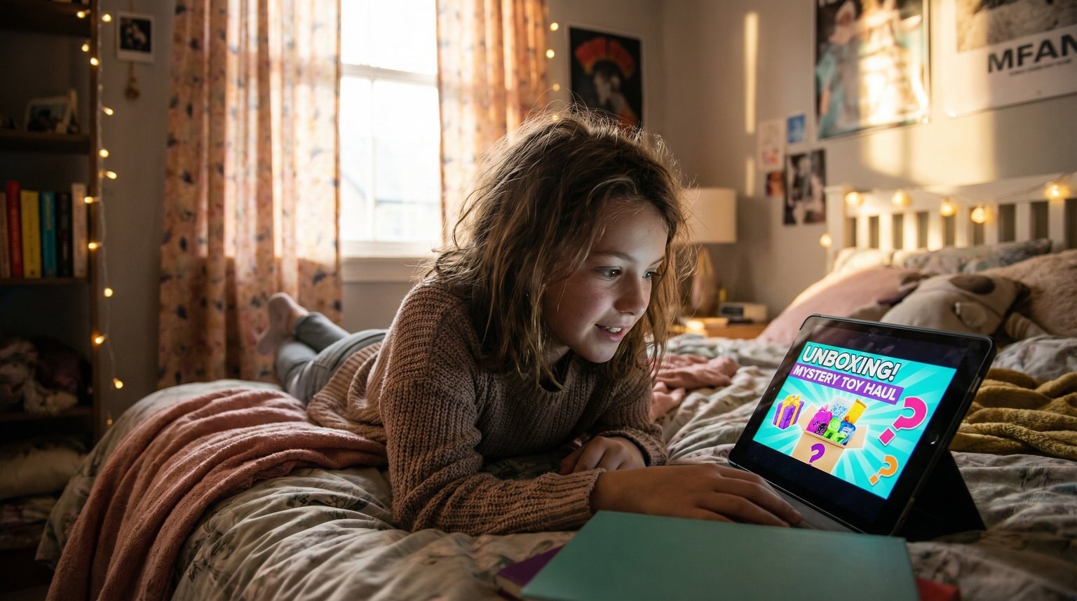Tween girl lying on bed illuminated by tablet glow showing unboxing video, expression captivated and longing